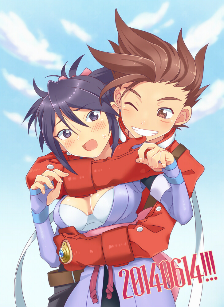 1boy, 1girl, blush, brown_eyes, brown_hair, clouds, dated, fingerless_gloves