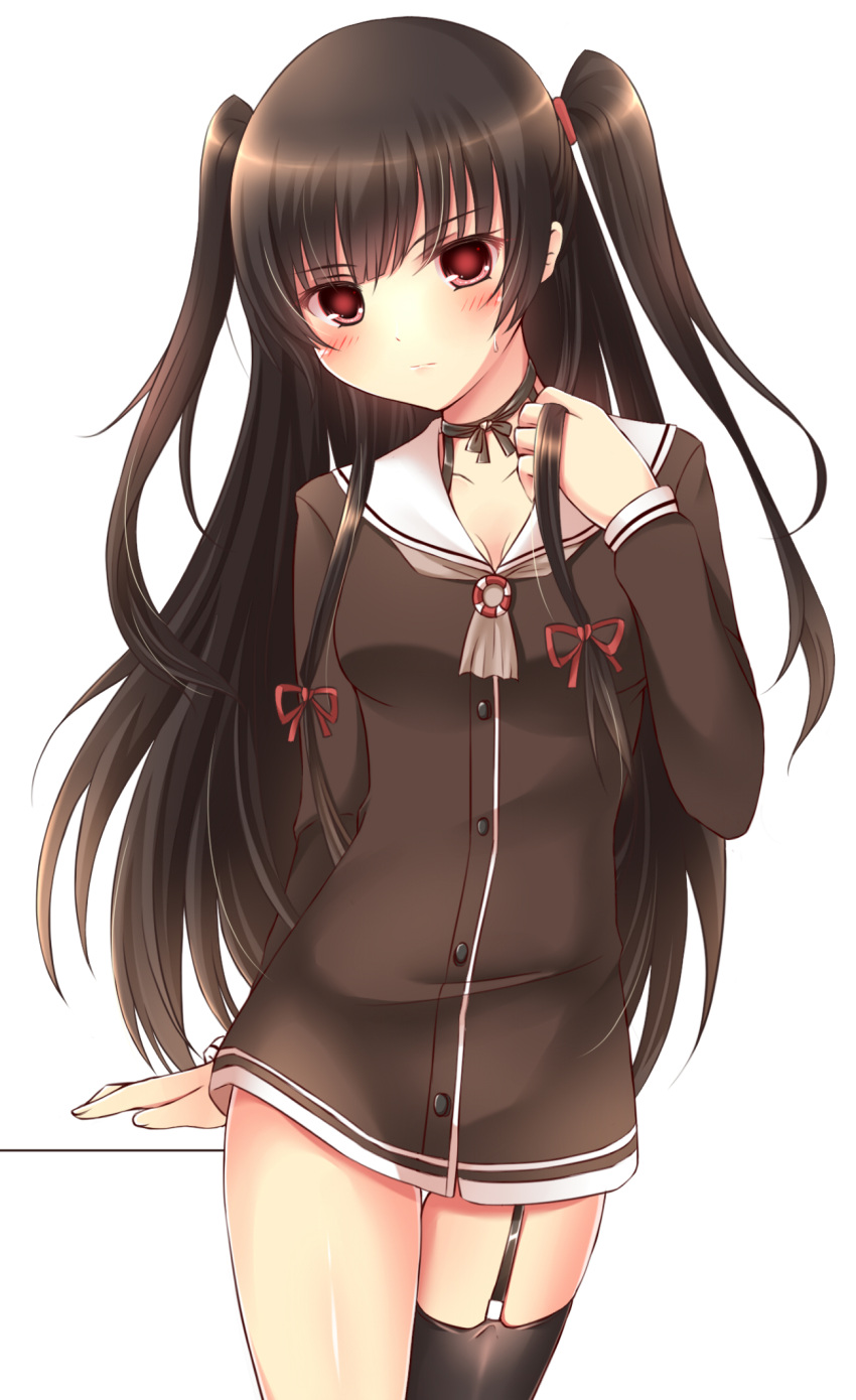 1girl, amatsukaze_(kantai_collection), amatsukaze_(kantai_collection)_(cosplay), asymmetrical_legwear, black_hair, black_legwear, blush, brown_dress