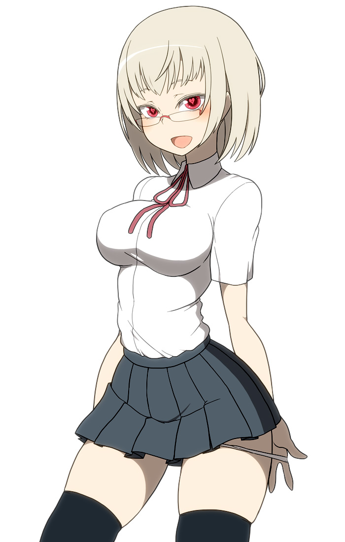 1girl, :d, black_legwear, blonde_hair, blush, breasts, glasses, heart