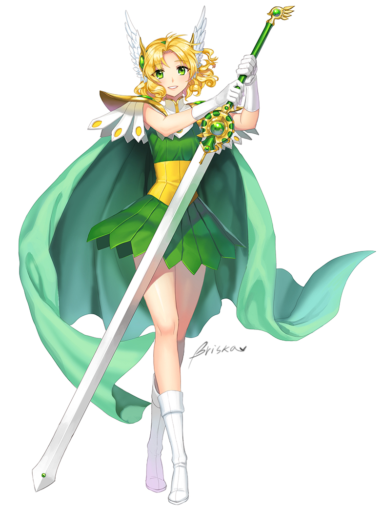 1girl, bad_id, blonde_hair, boots, briska, cape, crossed_legs_(standing), female, full_body, gloves, green_cape, green_eyes, head_wings, holding, holding_sword, holding_weapon, hououji_fuu, looking_at_viewer, magic_knight_rayearth, parted_bangs, parted_lips, short_hair, simple_background, skirt, smile, solo, standing, sword, weapon, white_background, white_boots, white_footwear, white_gloves, winged_hairband