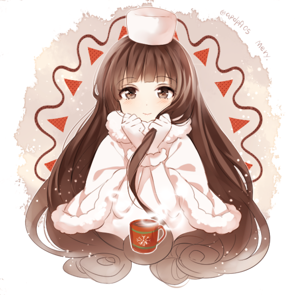1girl, apfl0515, bangs, blunt_bangs, blush, brown_eyes, brown_hair, capelet, cocoa_cookie, cookie_run, cup, curly_hair, gloves, hat, long_hair, mug, smile, snowflakes, solo, twitter_username, very_long_hair, white_gloves