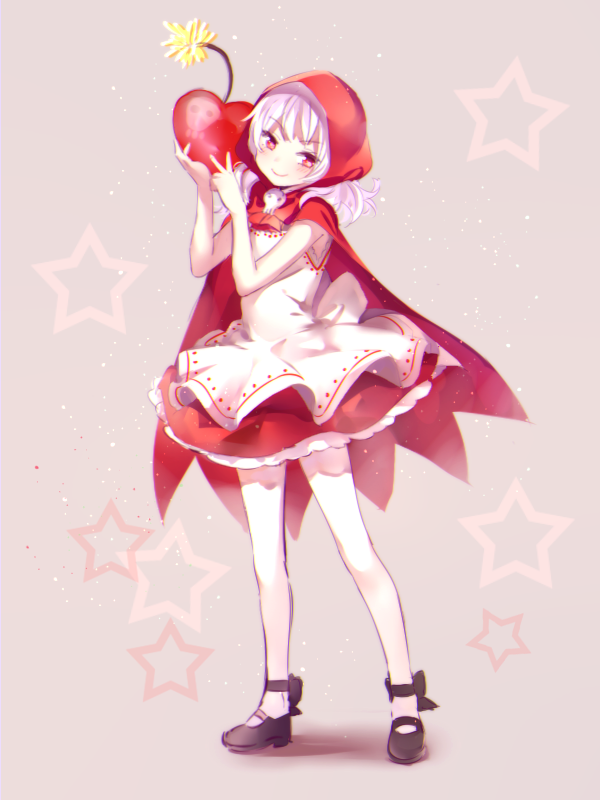 1girl, apfl0515, apron, blush, bomb, cape, cherry, cherry_bomb