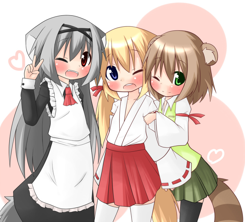 3girls, animal_ears, blue_eyes, fox_tail, green_eyes, japanese_clothes, koyomi_(shinshia), long_hair