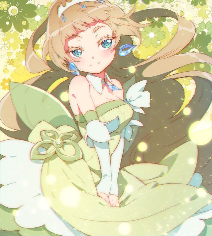 1girl, bangs, blonde_hair, blue_eyes, blunt_bangs, bow, breasts, cleavage, detached_sleeves, dress, earrings, gold_princess, green_dress, jewelry, long_hair, lucy_(amanecer), magical_girl, six_heart_princess, smile, solo, taishin_megumi, tiara, very_long_hair