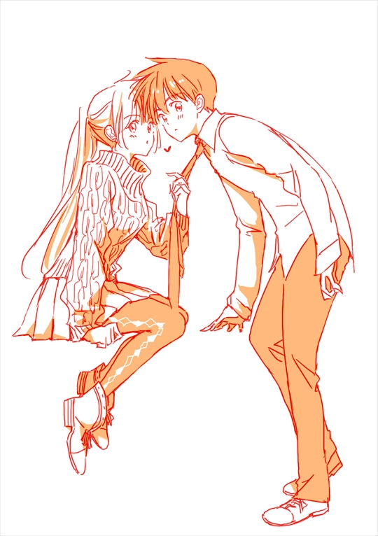 1boy, 1girl, couple, hetero, long_hair, mizuhara_kana, necktie, necktie_grab, pantyhose, ponytail, q.e.d., short_hair, si_sya_mo, sweater, touma_sou