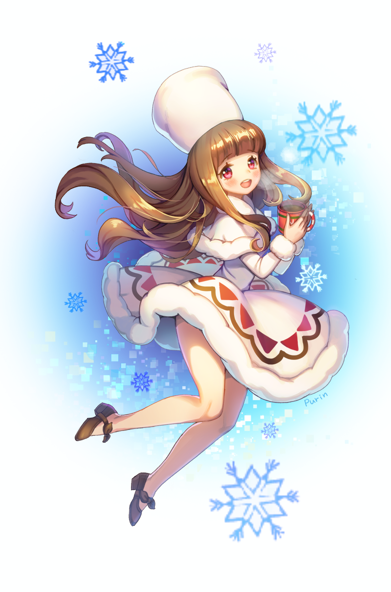 1girl, :d, bangs, blunt_bangs, blush, breath, capelet, cocoa_cookie