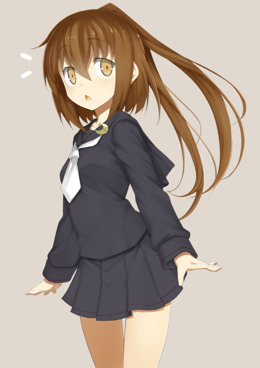 1girl, absurdres, black_serafuku, black_skirt, blouse, brown_eyes, brown_hair, chestnut_mouth