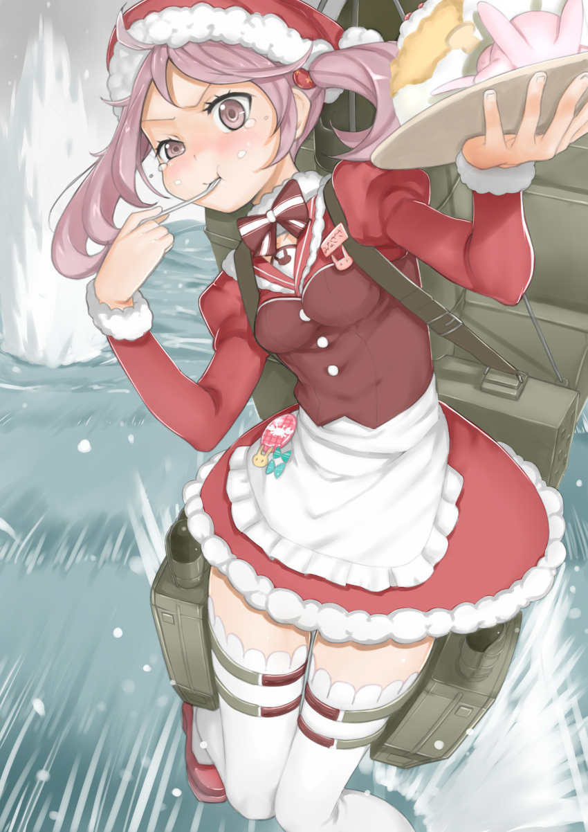 1girl, absurdres, apron, bowtie, cake, christmas, dress, eating