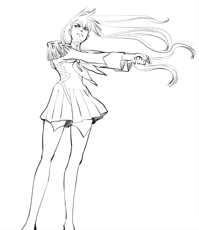 1girl, black_hair, boots, junketsu, kill_la_kill, kiryuuin_satsuki, long_hair, monochrome