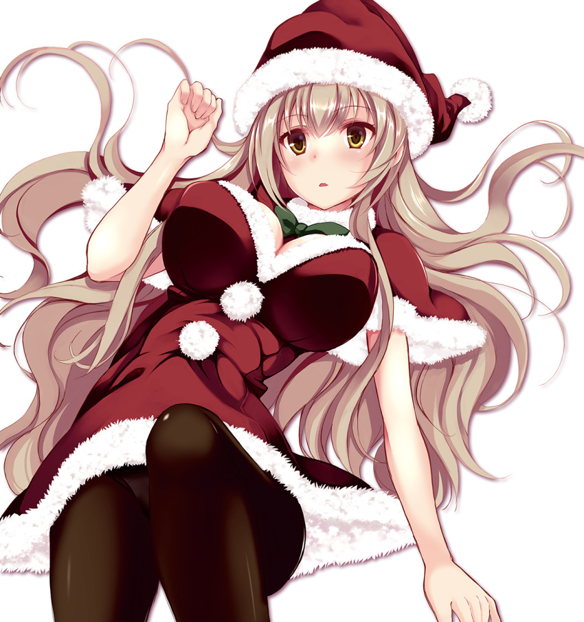 1girl, amagi_brilliant_park, black_legwear, breasts, brown_hair, cowboy_shot, fur_trim, hat