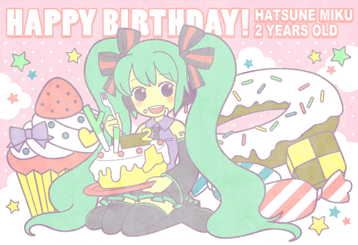 birthday, cake, candy, checkerboard_cookie, cookie, cupcake, detached_sleeves, doughnut