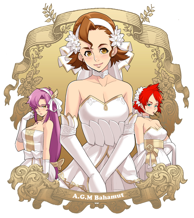 3girls, bangs, bare_shoulders, blue_eyes, blush, breasts, bridal_veil, brown_eyes, brown_hair, character_request, choker, cleavage, cowboy_shot, dress, elbow_gloves, flower, food_in_mouth, gloves, hair_flower, hair_ornament, hair_over_one_eye, hand_on_hip, long_hair, low-tied_long_hair, maou_alba, multiple_girls, original, pocky, purin-ko, purple_hair, redhead, short_hair, solo_focus, strapless_dress, veil, wedding_dress, white_gloves