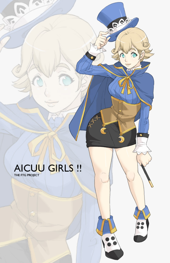 1girl, alicuu_girls:_bahamut, ankle_cuffs, blonde_hair, blue_eyes, breasts, cape, contrapposto, corset, hat, hat_tip, magician, maou_alba, original, pencil_skirt, ribbed_sweater, shoes, short_hair, skirt, solo, sweater, top_hat, typo, wand, zoom_layer