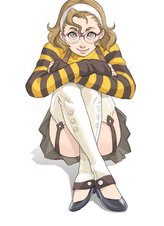 1girl, alicuu_girls:_bahamut, bangs, brown_eyes, brown_hair, detached_leggings, garter_straps, glasses