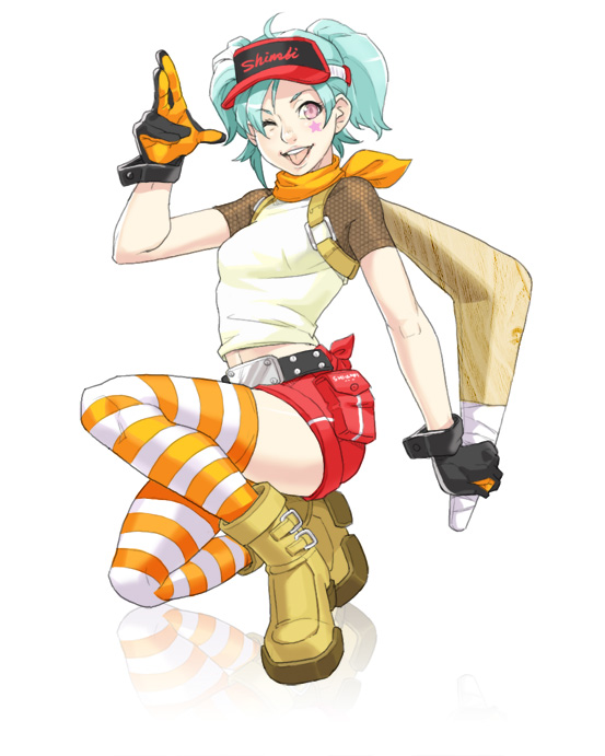 1girl, ;p, alicuu_girls:_bahamut, aqua_hair, belt_buckle, black_gloves, boomerang, boots, character_request, facial_tattoo, fishnets, gloves, maou_alba, neckerchief, one_eye_closed, one_knee, orange_legwear, original, pink_eyes, short_shorts, short_twintails, shorts, small_breasts, solo, star, striped, striped_legwear, tattoo, tongue, tongue_out, twintails, visor_cap