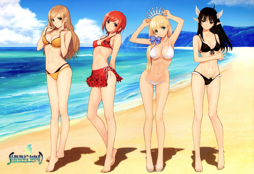 4girls, absurdres, arms_behind_back, artist_name, beach, bikini, black_hair, blonde_hair, bow, breasts, brown_eyes, brown_hair, clalaclan_philias, cleavage, copyright_name, green_eyes, hair_bow, hair_over_shoulder, highres, long_hair, long_legs, multiple_girls, official_art, pointy_ears, redhead, scan, seena_kanon, shining_(series), shining_wind, short_hair, side-tie_bikini, smile, swimsuit, taka_tony, tanaka_takayuki, tiara, touka_kureha, xecty_ein