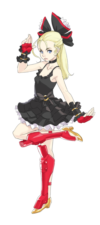 1girl, alicuu_girls:_bahamut, antenna_hair, black_dress, blonde_hair, blue_eyes, bow, character_request, choker, dress, earrings, fighting_stance, fingerless_gloves, frills, gloves, greaves, hair_bow, hairband, jewelry, lips, lolita_fashion, lolita_hairband, maou_alba, original, small_breasts, solo, spaghetti_strap, standing_on_one_leg, white_background, wrist_cuffs