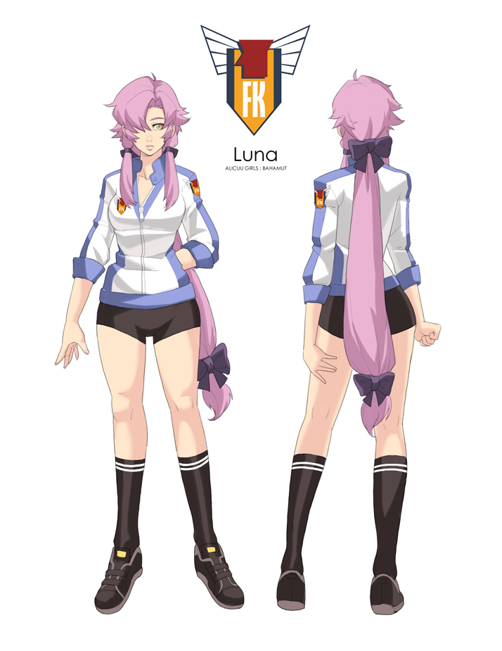 1girl, alicuu_girls:_bahamut, bike_shorts, black_legwear, bow, character_name, character_sheet, full_body