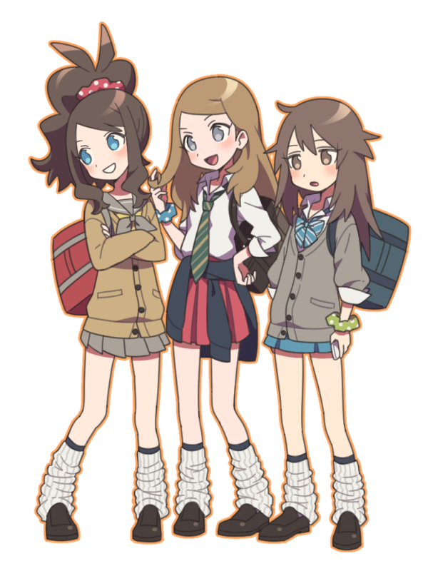 3girls, agata_(agatha), alternate_costume, bag, blonde_hair, blue_(pokemon), blue_eyes, blush