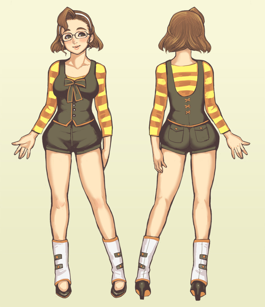 1girl, alicuu_girls:_bahamut, bangs, brown_eyes, brown_hair, character_sheet, full_body, glasses, hairband, high_heels, leg_warmers, maou_alba, original, purin-ko, rimless_glasses, shorts, solo, striped