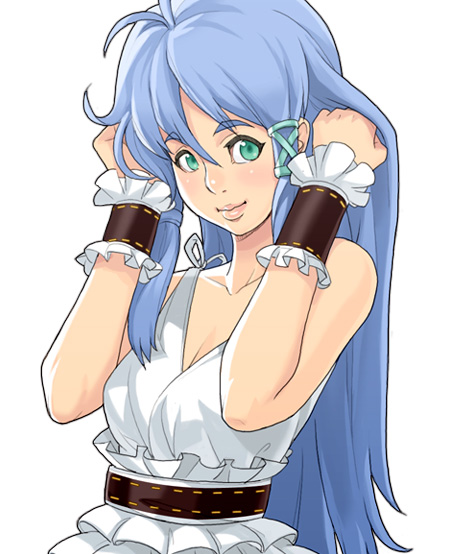 1girl, alicuu_girls:_bahamut, blue_hair, blush, breasts, character_request, cleavage, dress