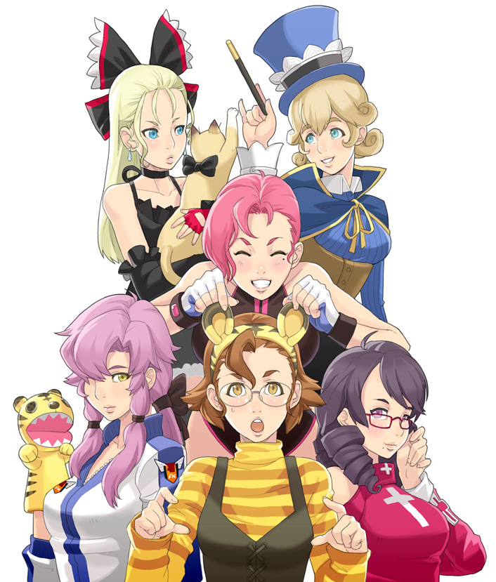 6+girls, adjusting_glasses, alicuu_girls:_bahamut, animal_ears, blonde_hair, blue_eyes, breasts, cape