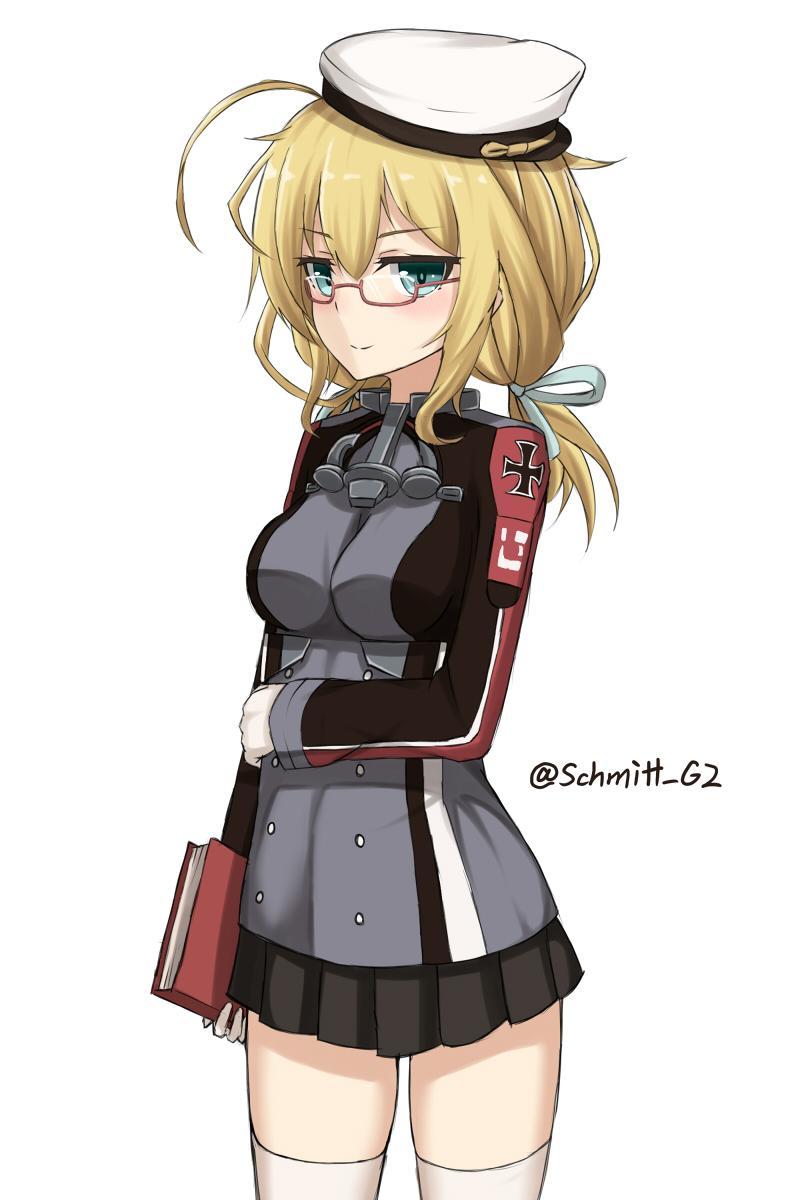 1girl, blonde_hair, blue_eyes, book, glasses, gloves, hat, highres