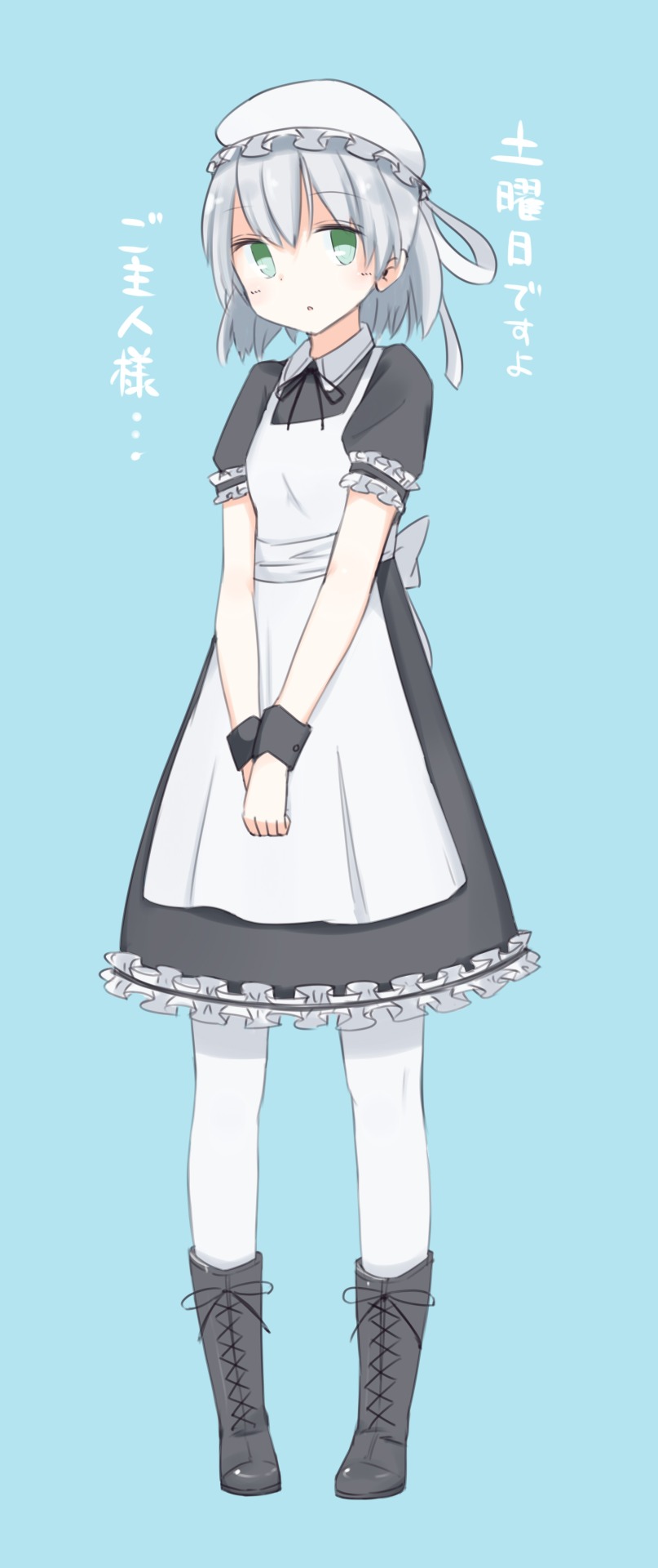 1girl, :o, alternate_costume, apron, black_boots, black_dress, blue_background, boots, cross-laced_footwear, dress, enmaided, frilled_dress, frills, full_body, green_eyes, highres, lace-up_boots, maid, maid_apron, mob_cap, open_mouth, pantyhose, puffy_short_sleeves, puffy_sleeves, ribbon, sanya_v_litvyak, seedflare, short_hair, short_sleeves, silver_hair, simple_background, solo, strike_witches, translation_request, white_legwear, wrist_cuffs