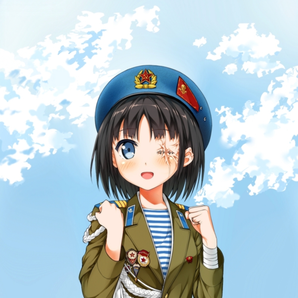 1girl, :d, bandages, beret, black_hair, blue_eyes, clenched_hands, commentary