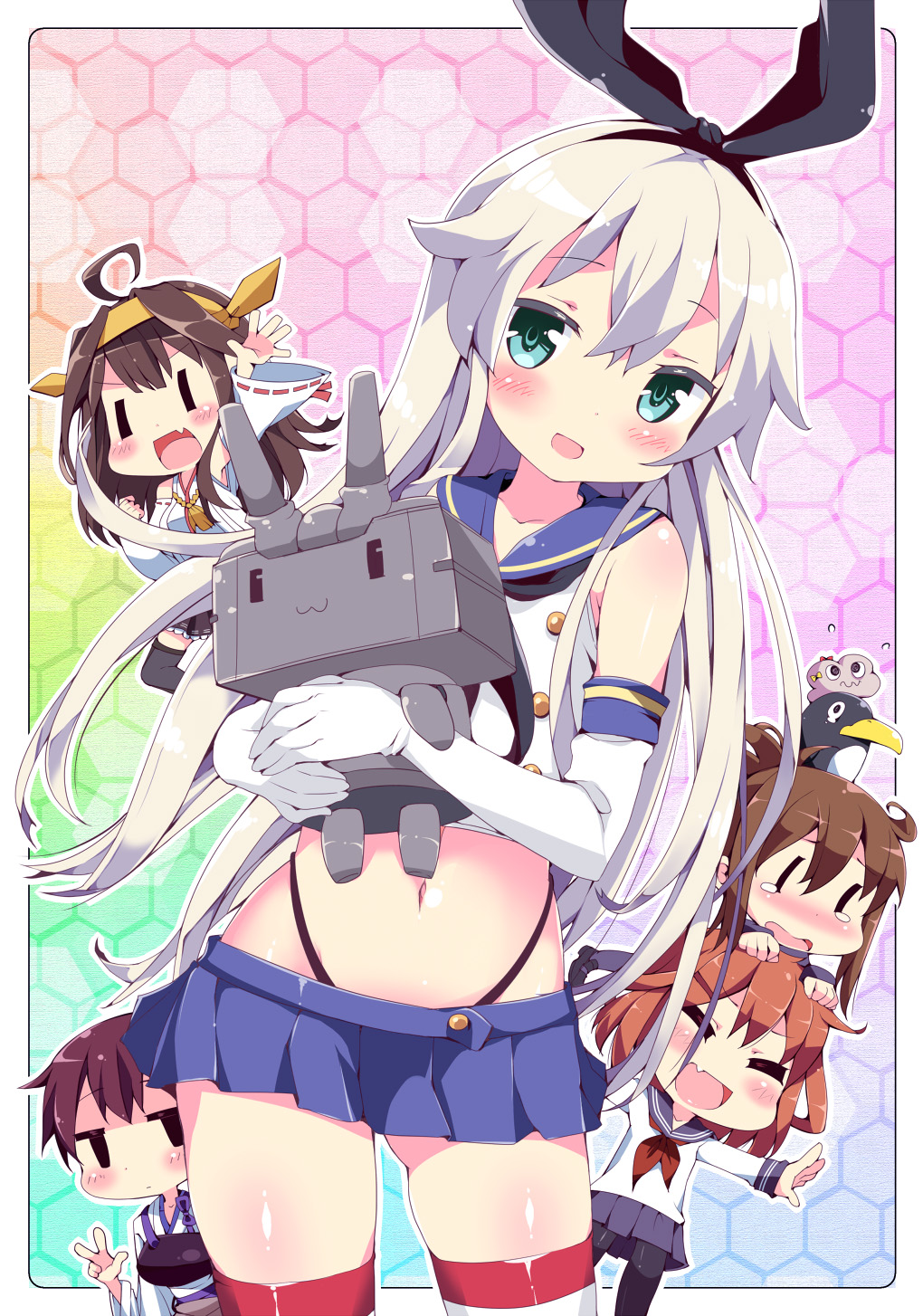 >:d, 5girls, :d, ahoge, bare_shoulders, black_bow, black_legwear, black_panties