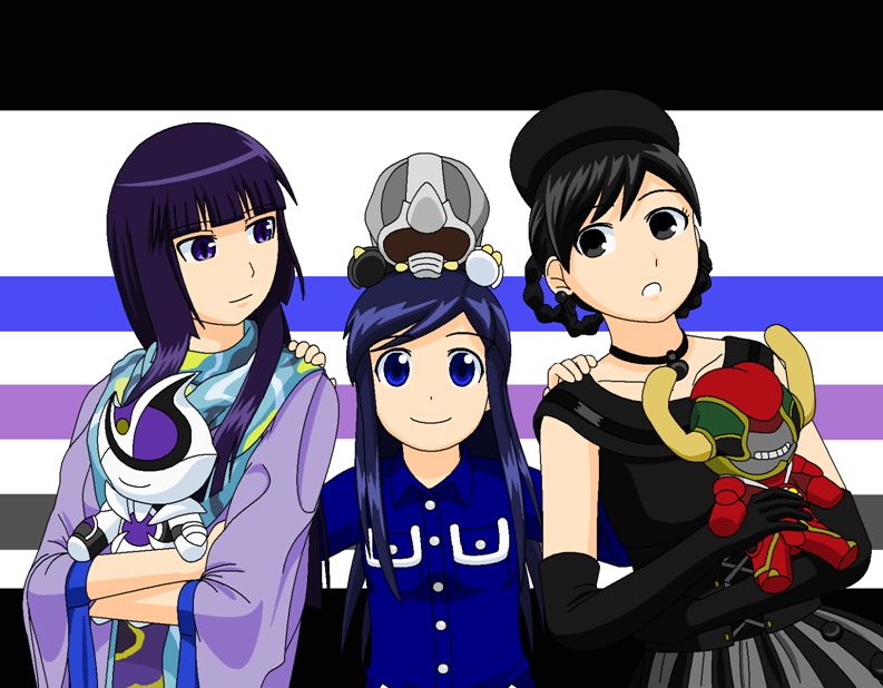 3girls, bangs, beret, black_dress, black_hair, blue_eyes, blue_hair, blunt_bangs