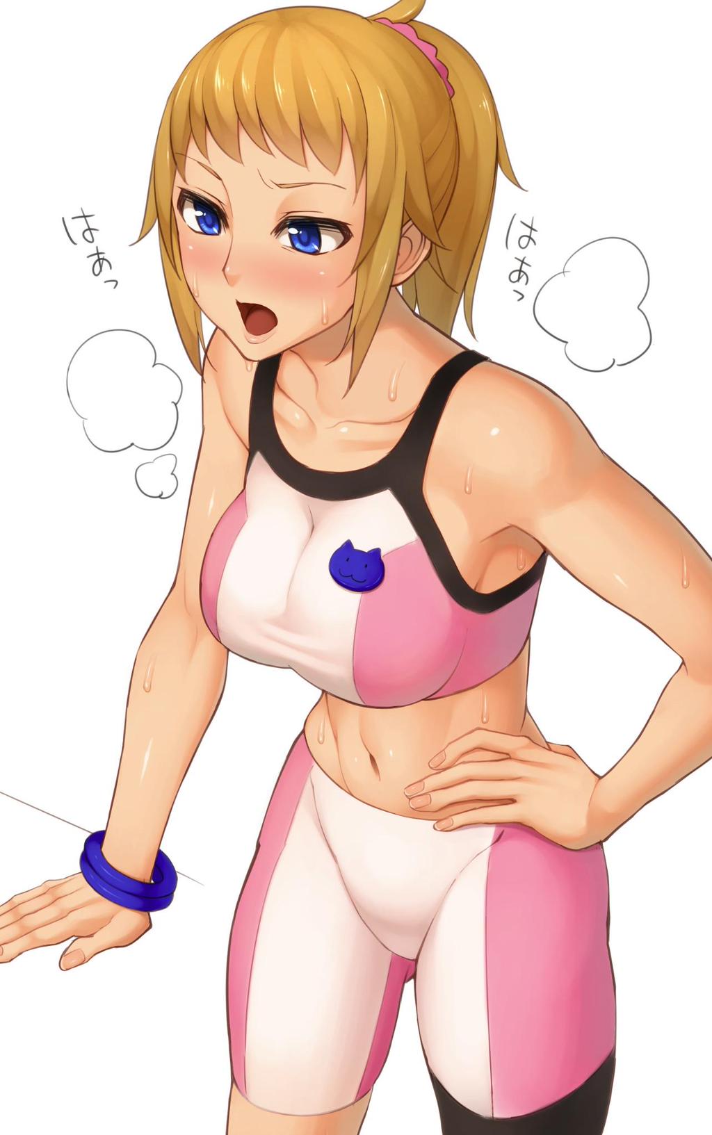 1girl, bike_shorts, blonde_hair, blue_eyes, blush, bracelet, cat, cowboy_shot