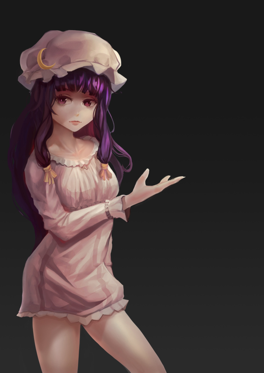 1girl, adapted_costume, bangs, blunt_bangs, chemise, collarbone, crescent_hair_ornament, crescent_moon, ctt_(jeansctt7), dress, hair_ornament, hat, highres, long_hair, long_sleeves, looking_at_viewer, moon, nightgown, patchouli_knowledge, payot, purple_hair, realistic, short_dress, solo, thighs, touhou, very_long_hair, violet_eyes