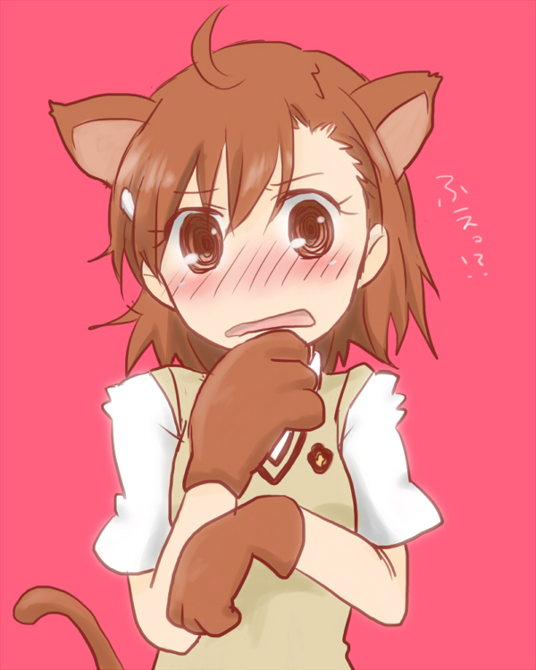 1girl, animal_ears, brown_eyes, brown_hair, gloves, misaka_mikoto, miyo_(miyo1106), paw_gloves