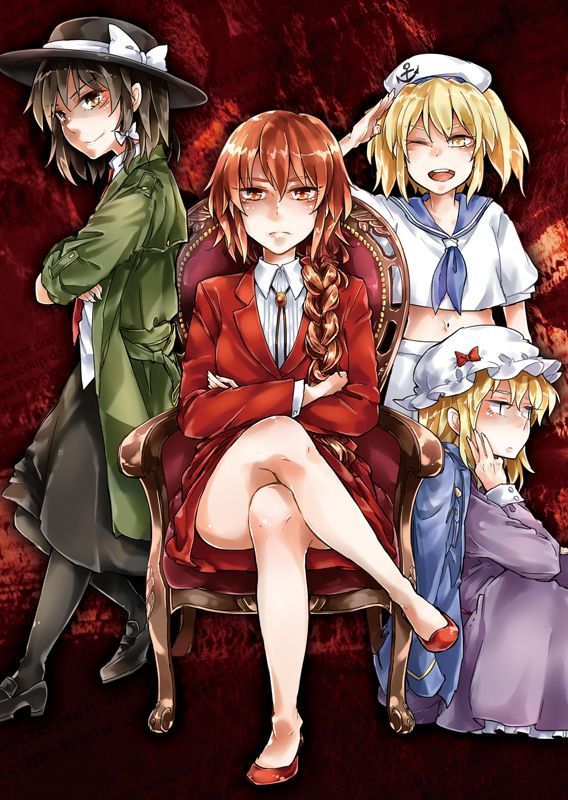 4girls, anchor, blonde_hair, bow, braid, brown_eyes, brown_hair, coat