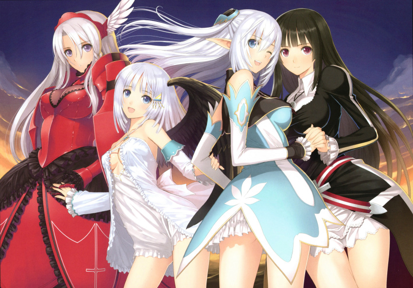 4girls, :d, ;d, absurdres, altina_(shining_blade), black_hair, black_wings, blue_eyes