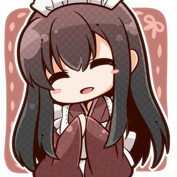 1girl, :d, akagi_(kantai_collection), alternate_costume, apron, black_hair, bloom2425, blush_stickers