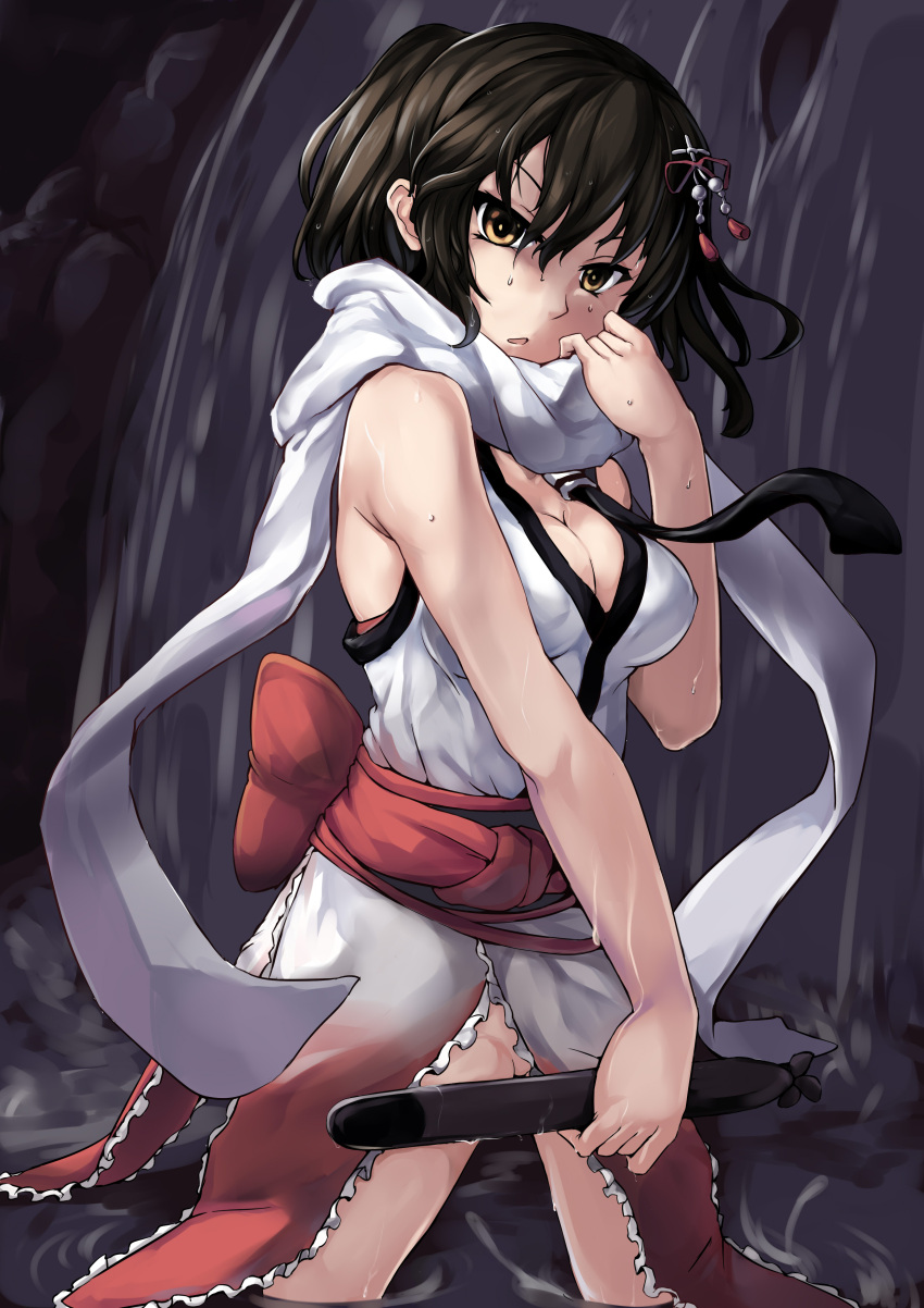 1girl, absurdres, black_hair, breasts, brown_hair, cleavage, hair_ornament, highres