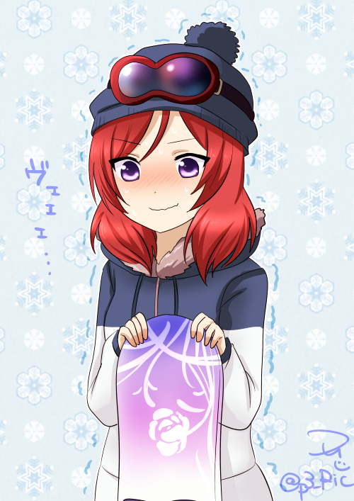 1girl, hat, love_live!_school_idol_project, nishikino_maki, redhead, ric_(fwpbox), ski_goggles, snowboard