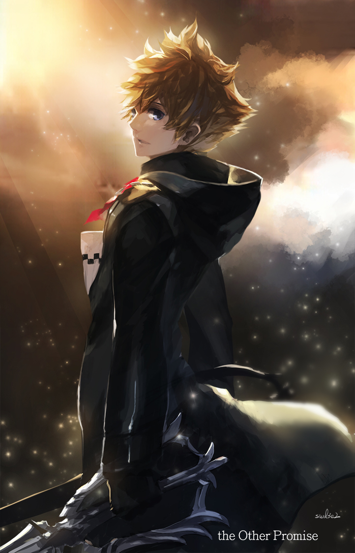 1boy, blonde_hair, blue_eyes, clouds, dual_wielding, from_side, hooded_jacket, keyblade, kingdom_hearts, kingdom_hearts_ii, light_particles, looking_at_viewer, oblivion_(keyblade), roxas, short_hair, sky, solo, sunlight, swd3e2