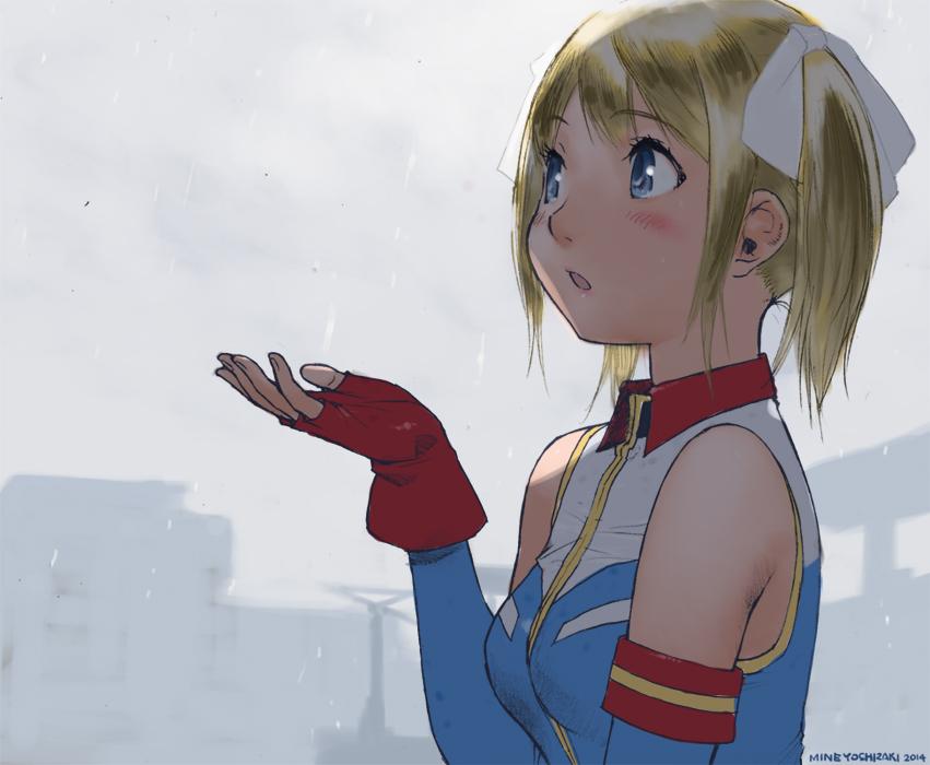 1girl, blonde_hair, blue_eyes, blush, fingerless_gloves, gloves, gundam, gundam_card_builder