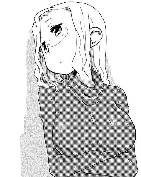 1girl, breasts, glasses, kazoku_game, large_breasts, long_hair, monochrome, solo