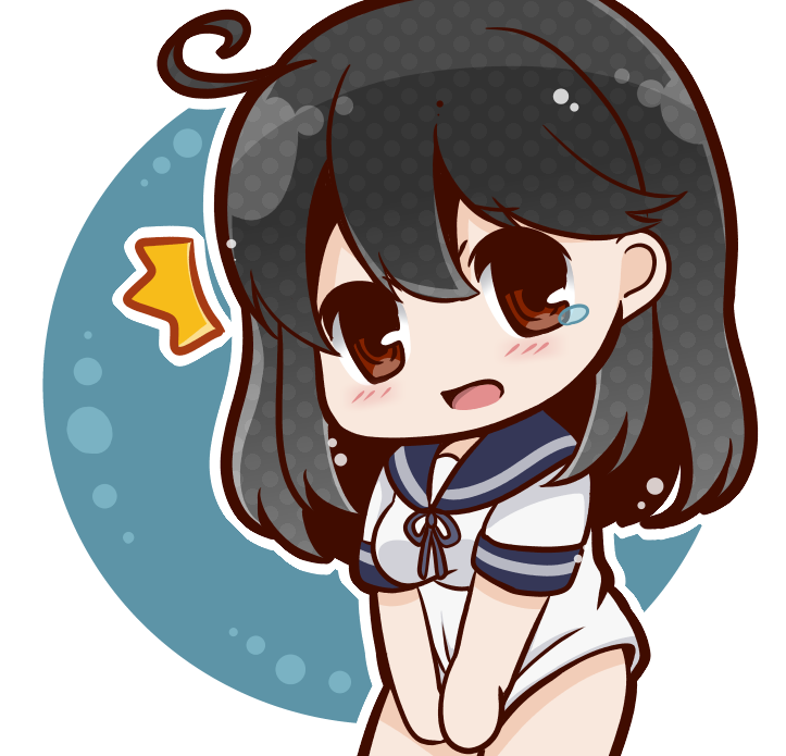 /\/\/\, 1girl, ahoge, black_hair, bloom2425, blush, bottomless, brown_eyes, chibi, covering, covering_crotch, crying, crying_with_eyes_open, kantai_collection, long_hair, open_mouth, sailor_collar, school_uniform, serafuku, shirt_tug, tears, ushio_(kantai_collection), v_arms