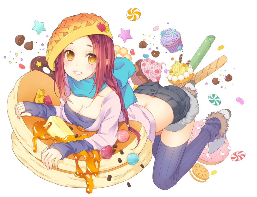 1girl, bent_over, blush, breasts, candy, cleavage, cupcake, doughnut