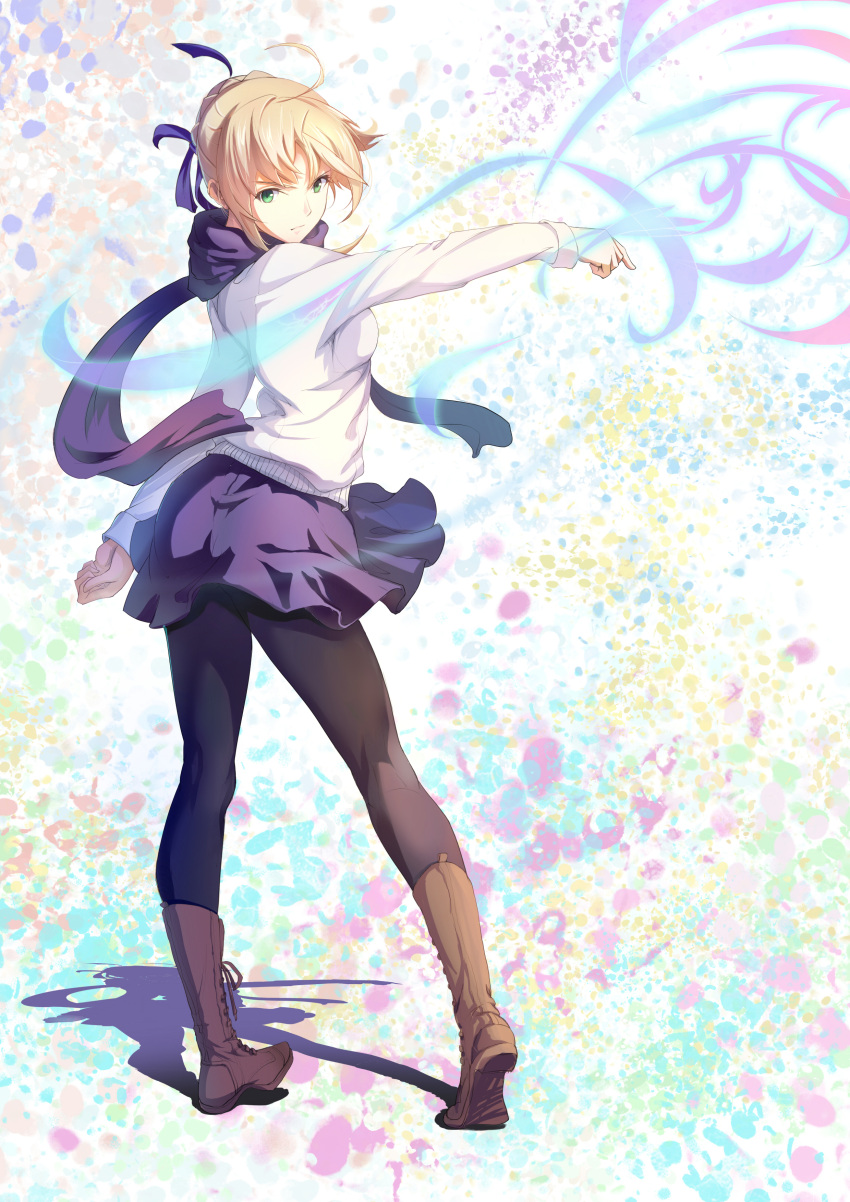 1girl, absurdres, ahoge, black_legwear, blonde_hair, boots, coat, fate/stay_night