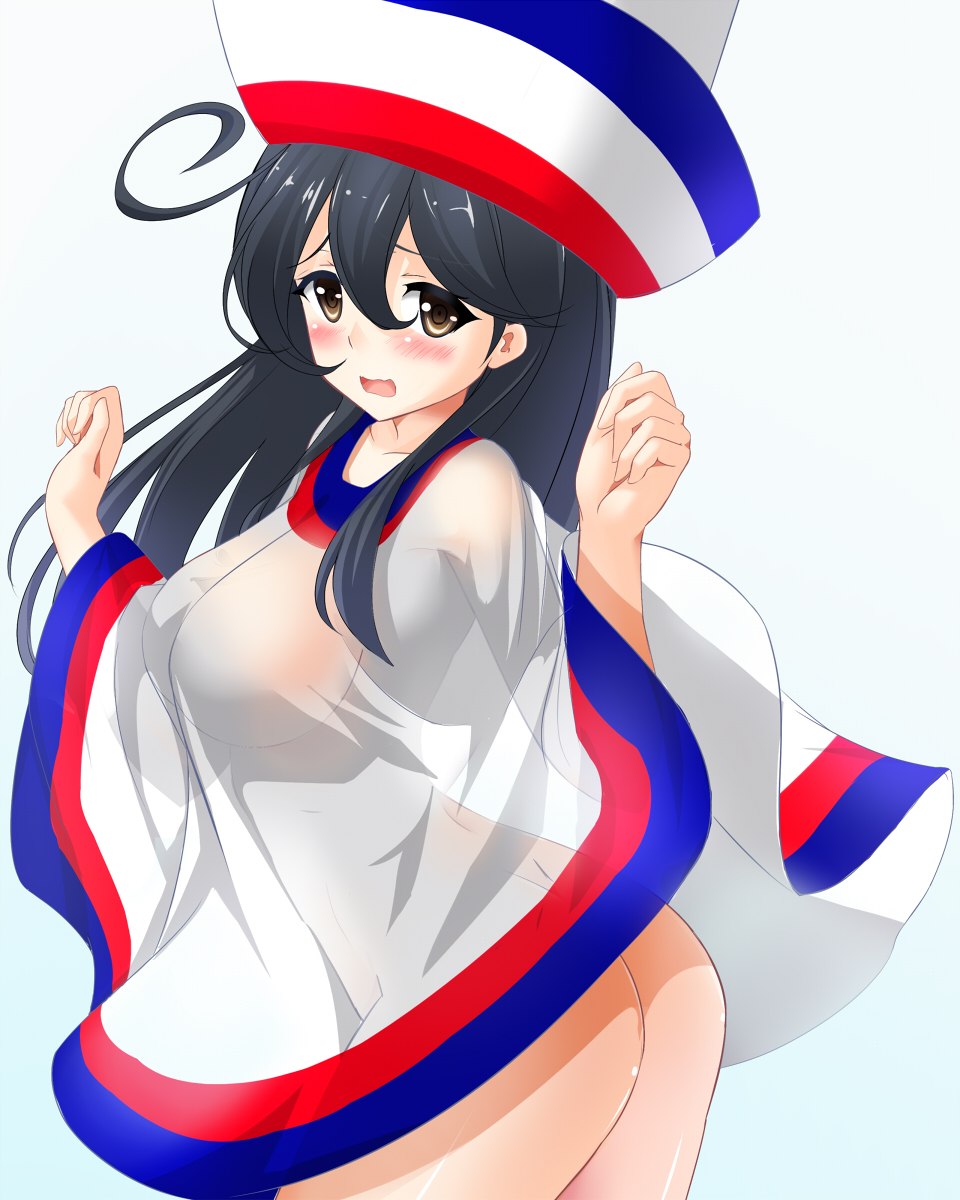 1girl, alternate_costume, ass, black_hair, blush, brown_eyes, bug_(artist), commentary_request, cosplay, cowboy_shot, from_side, hakata-san, hat, highres, kantai_collection, long_hair, looking_at_viewer, no_bra, no_panties, see-through, solo, ushio_(kantai_collection)