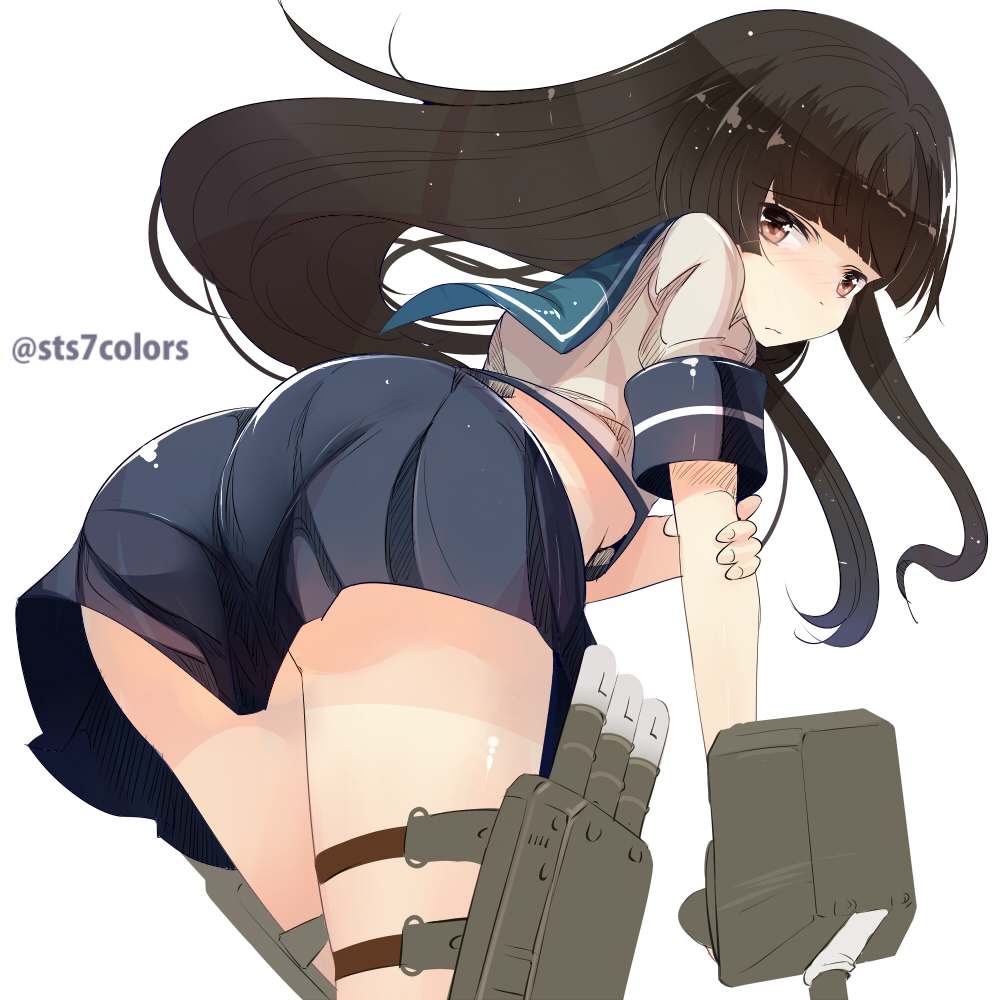1girl, ass, bangs, black_hair, blunt_bangs, brown_eyes, from_behind, hatsuyuki_(kantai_collection)