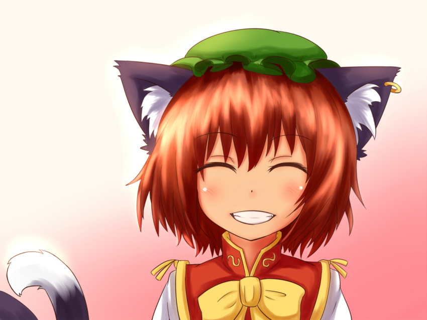 1girl, ^_^, brown_eyes, brown_hair, cat_tail, chen, closed_eyes, grin