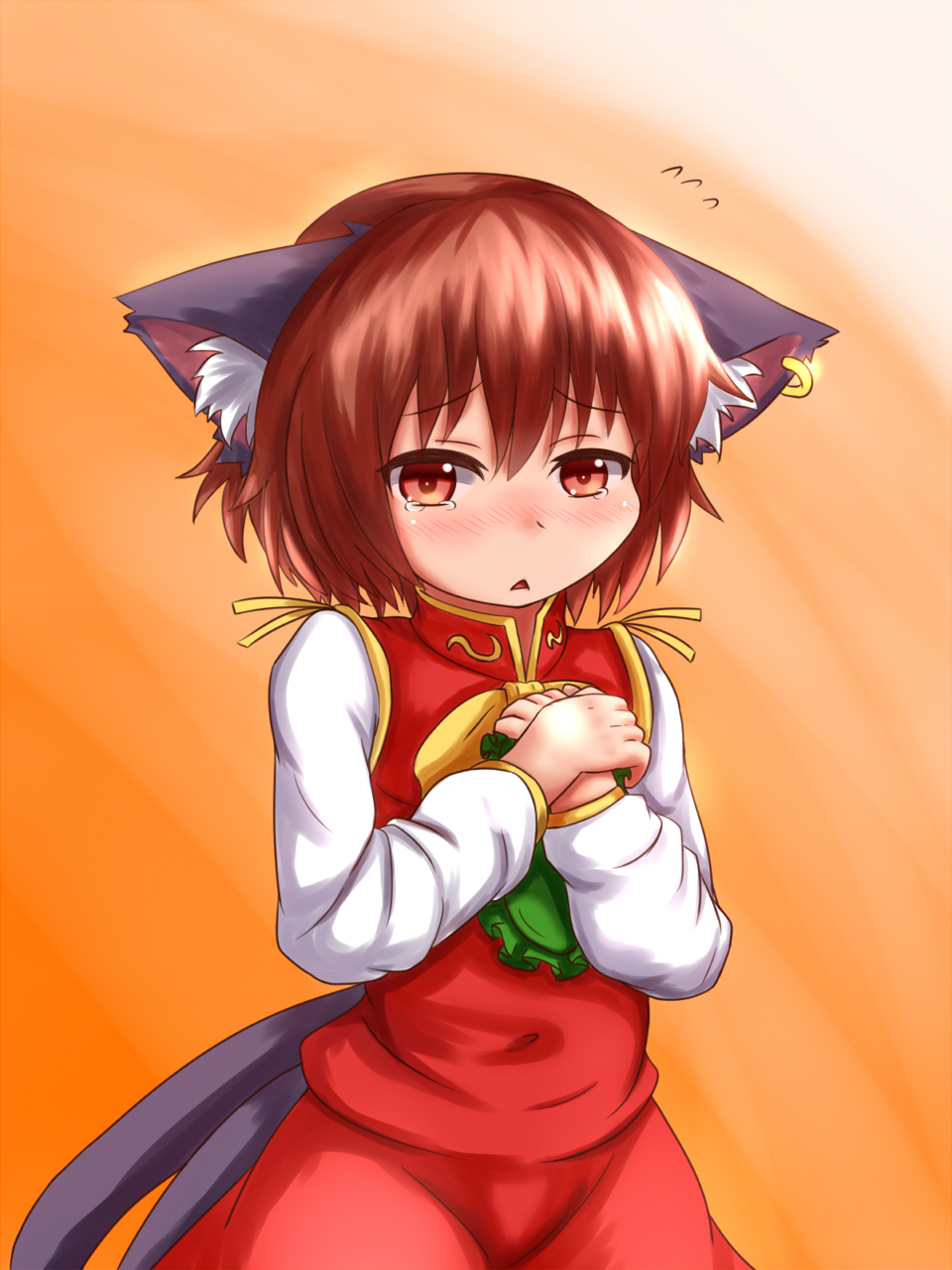 1girl, blush, brown_eyes, brown_hair, cat_tail, chen, hands_on_own_chest, hands_together