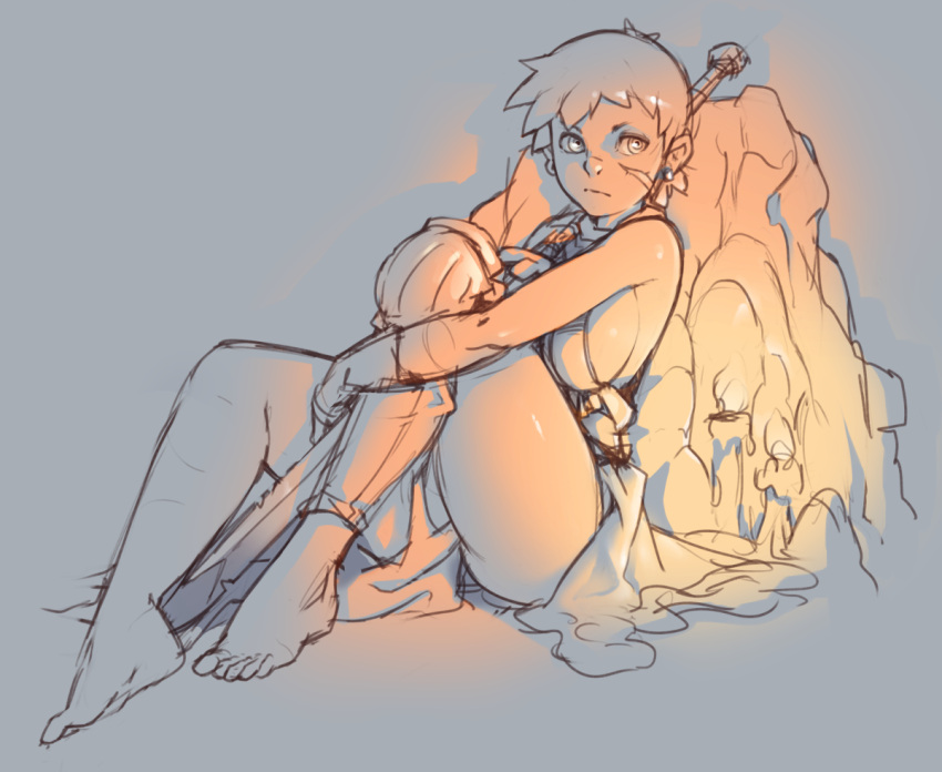 1girl, barefoot, breasts, earrings, fantasy, greaves, jewelry, knee_pads